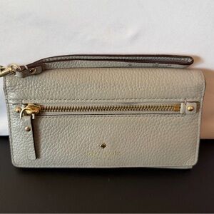 Kate Spade Gray Pebbled Leather Wristlet • Zip Pocket & Striped Lining